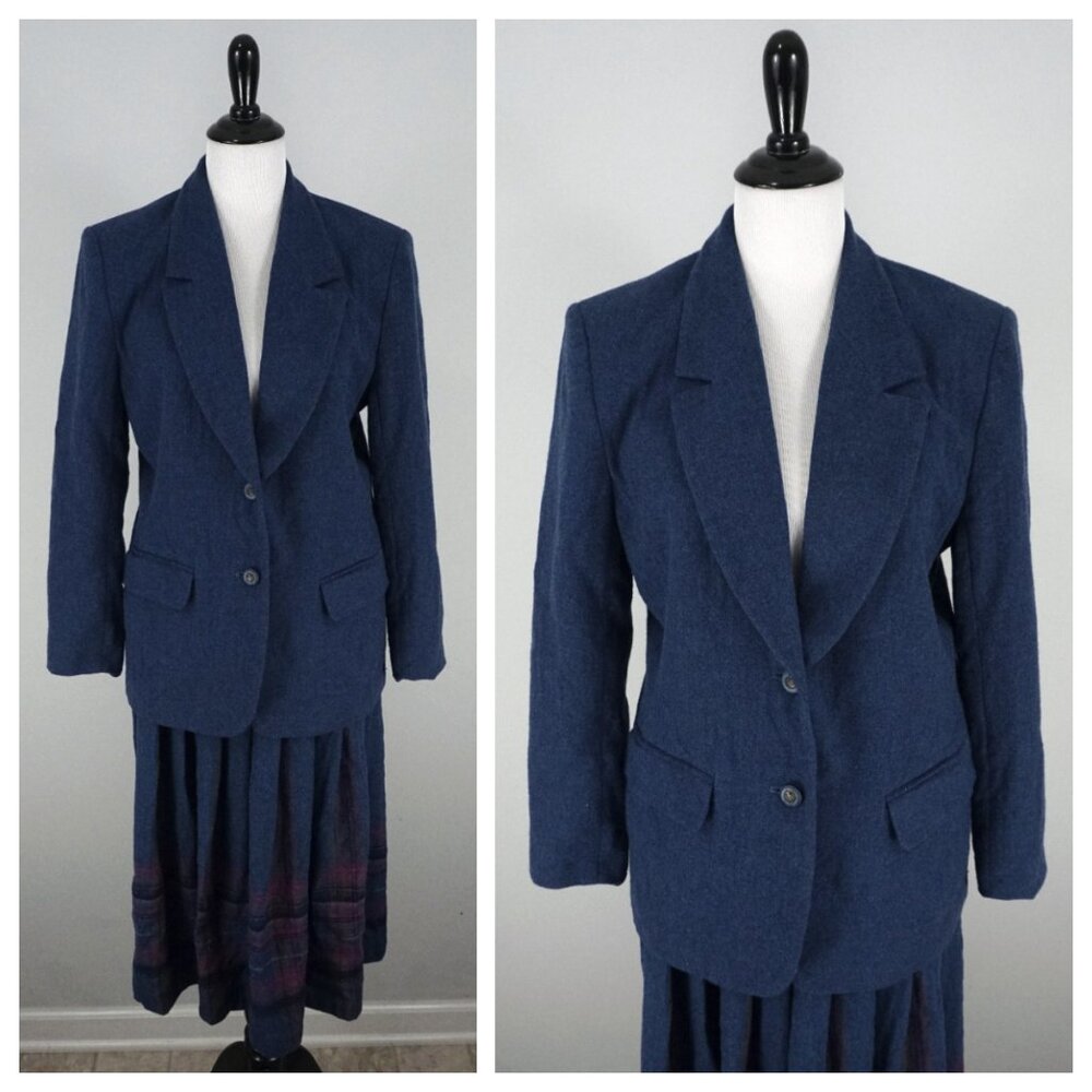 Pendleton Blue Pink Plaid Long Pleated 100% Wool Blazer Skirt Suit Size 12